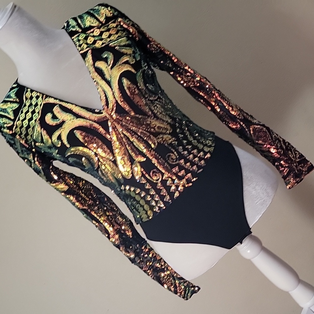 Akira Black and Gold Sequin Bodysuit